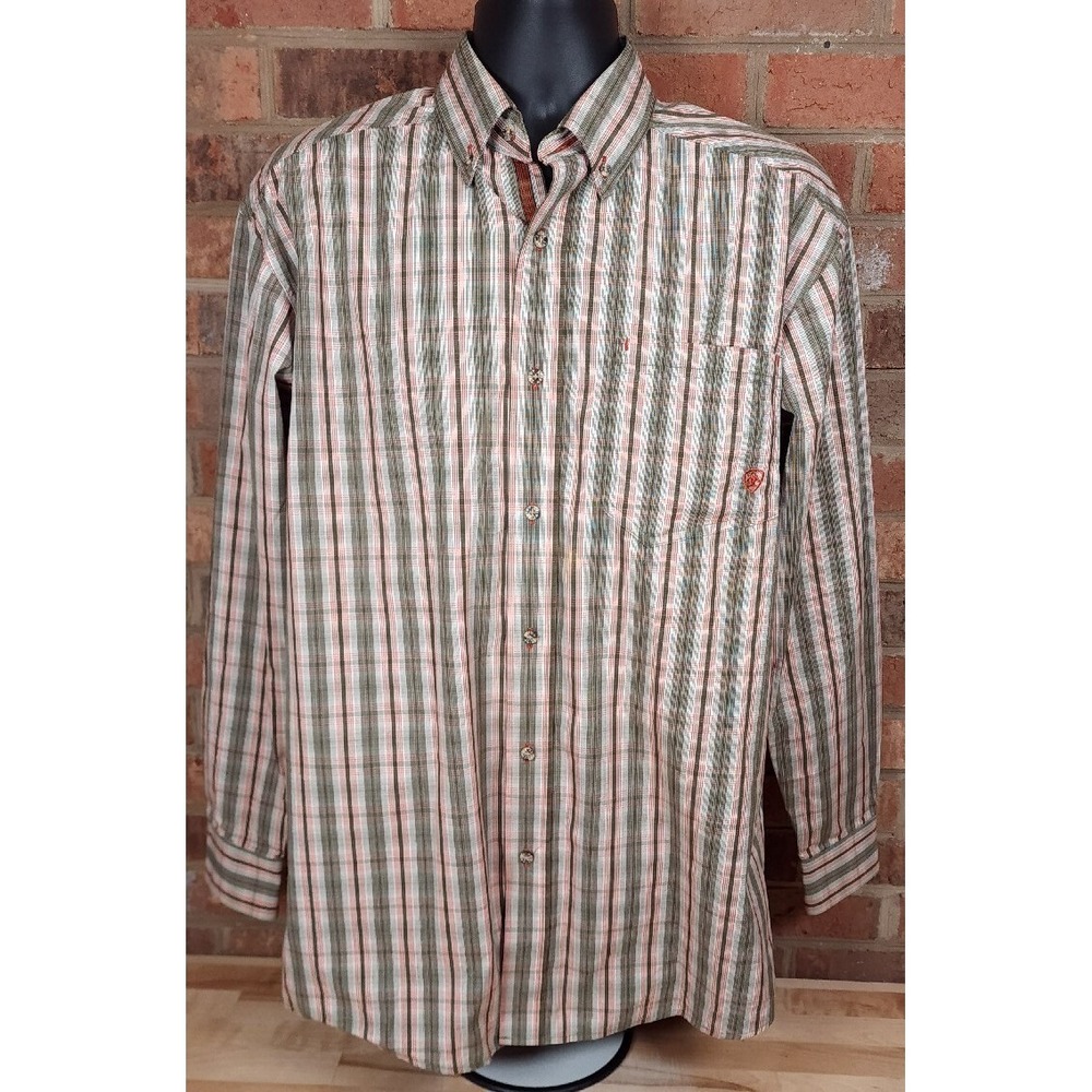 Ariat Button Down‎ Plaid Long Sleeve Shirt Vented Mens Medium Green Red